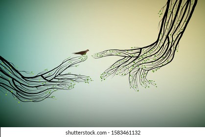 Human hands look like tree branches covering the bird, give life to nature, green environment concept, green human concept, vector