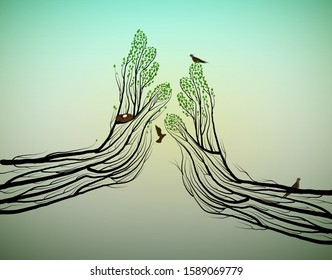 Human hands look like tree branches covering the bird nest, protect the birds and forest,  vector