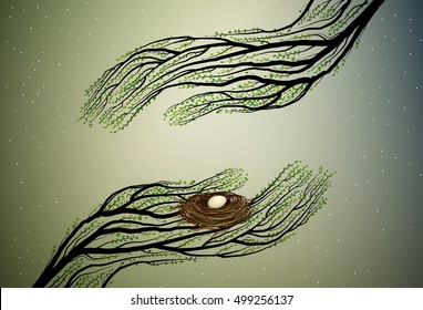 Human hands look like tree branches covering the bird nest, protect the birds and forest,  vector