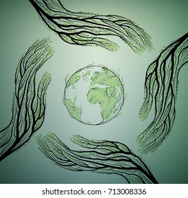 Human hands look like tree branches and take care of Earth nature concept, protect tree idea, vector