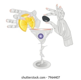 Human hands make cocktails. One Hand rolls in the cocktail olives, the other invite to a glass of lemon cloves. The background of white.