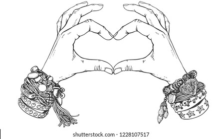 Human hands make shape of heart. Sign of love.Sacred geometry. Religion, spirituality, occultism, alchemy magic, love. Vintage boho style accessories with hippie bracelets.Isolate on white background.
