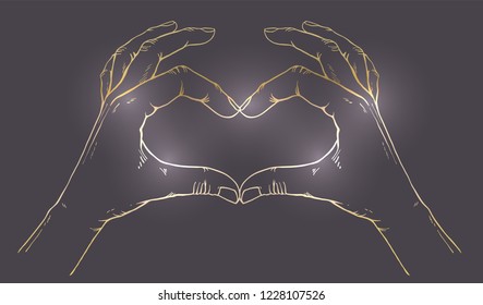 Human hands make shape of heart. Sign of love.Sacred geometry. Religion, spirituality, occultism, alchemy magic, love. Vintage boho and hipster style. Golden on darck background.