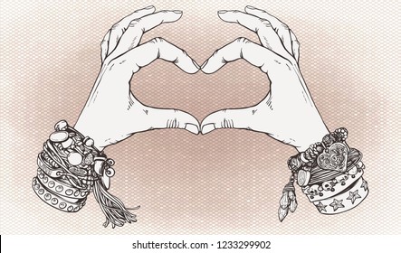 Human hands make shape of heart. Sign of love. Sacred geometry. Religion, spirituality, occultism, alchemy magic, love. Vintage boho style accessories with hippie bracelets.
