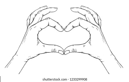 Human hands make shape of heart. Sign of love.Sacred geometry. Religion, spirituality, occultism, alchemy magic, love. Vintage boho and hipster style.Isolate on white background.