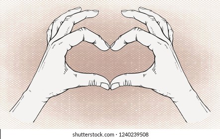 Human hands make shape of heart. Sign of love.Sacred geometry. Religion, spirituality, occultism, alchemy magic, love. Boho and hipster style.  Decorative  element in vintage style.