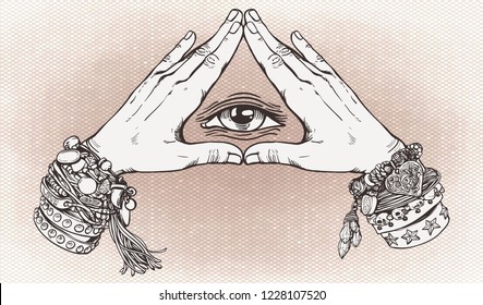 Human hands make triangle shape . Illuminati sign.Vector illustration of human eye in vintage engraved style.Spirituality sacred geometry. Vintage boho style  accessories with hippie bracelets.
