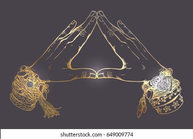 Human hands make triangle shape isolate on white background.Illuminati sign. Sacred geometry. Religion, spirituality, occultism, alchemy magic. Vintage boho style accessories with hippie bracelets.