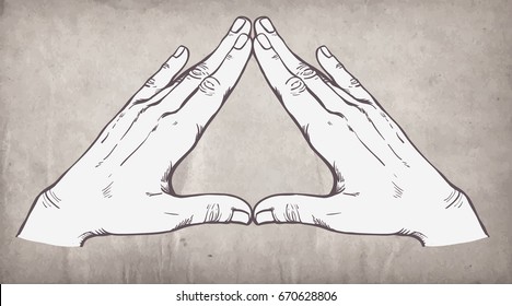 Human hands make triangle shape.  Vector illustration. Illuminati sign. Sacred geometry. Religion, spirituality, occultism, science, alchemy magic. Decorative  element in vintage style.