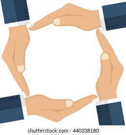 Human hands making circle. Symbol unification, friendship, protection. Vector illustration flat design.