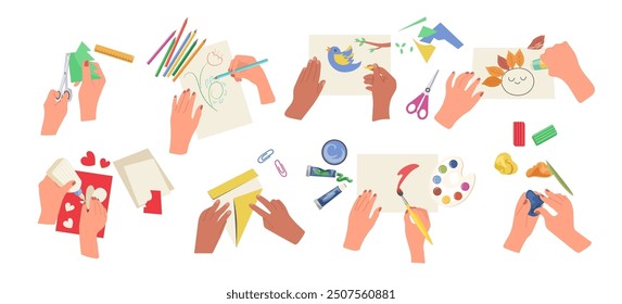 Human hands making craft artwork at creative class enjoying hobby activity top view isolated set