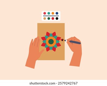 Human hands are making crafts by painting, he draws patterns like flowers and colors them using brushes and paints.
design, vector, illustration