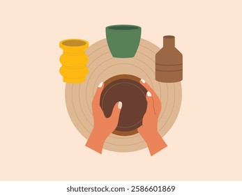 Human hands are making crafts from clay, they are making several sizes and shapes, he is also coloring them.
design, illustration, vector