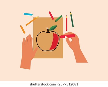 Human hands are making crafts, he is drawing on paper and coloring it, he is making a picture of an apple, the tools he uses such as paper pencils and colored pencils.
design, illustration, vector