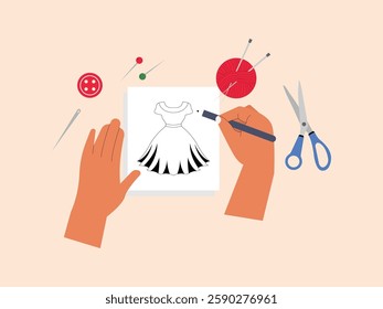 human hands are making crafts, he is drawing a sketch of the dress he will make, the tools used such as needles, threads, sewing machines and scissor.
design, illustration, vector