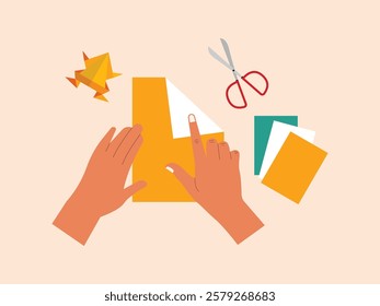 Human hands are making crafts with origami paper, he is making an origami frog and making other characters, the tools used are origami paper and scissors.
design, illustration, vector