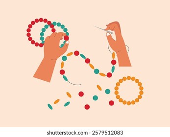 Human hands are making crafts, she is making a bracelet with colorful beads, the tools she uses such as needles, scissors and beads.
design, illustration, vector