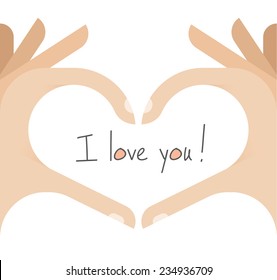 Human hands making a cute designed heart shape with text I love you! Vector illustration. Idea - Symbols of Love.