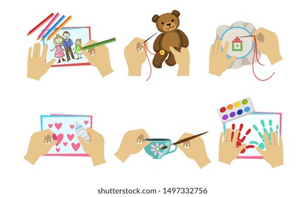 Human Hands Making Diy Crafts Set, Creative Hobbies, Painting, Sewing, Applique Vector Illustration