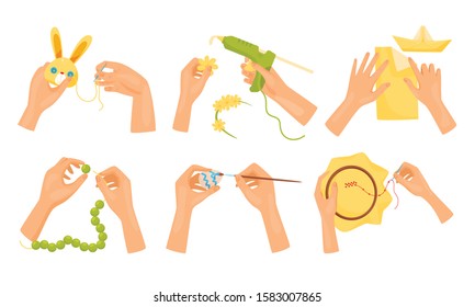 Human Hands Making Diy Crafts Collection, Different Creative Hobbies Vector Illustration