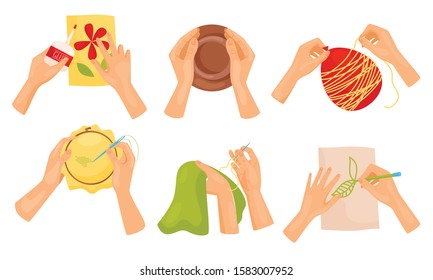 Human Hands Making Diy Crafts, Different Creative Hobbies Set Vector Illustration