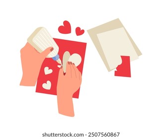 Human hands making happy valentine day greeting card with cute hearts design isolated on white