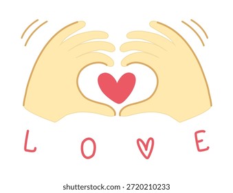 Human hands making heart shape gesture with red heart and love text. Flat vector illustration isolated on white. Concept of romantic feelings, charity, support, kindness, and valentines day decor.