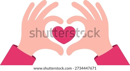Human hands making heart shape gesture with a small red heart for love charity and romantic Valentine's Day design