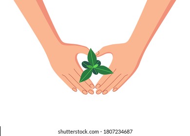 Human hands are making heart shaped symbols to protect seedlings. Organic farming, gardening and environmental saving concept. Vector illustration.