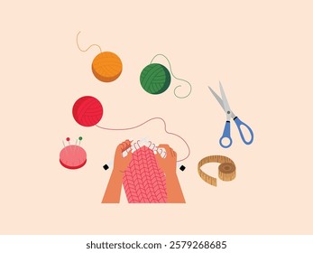 Human hands are making knitting crafts, tools used such as knitting yarn, knitting needles, scissors and measuring tape.
design, vector, illustration