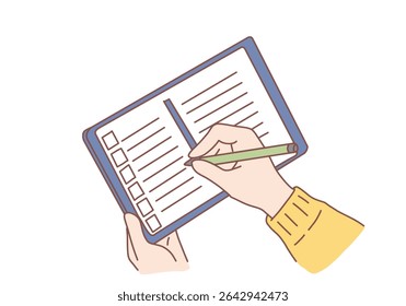 Human hands making list of resolutions for starting new life writing in planner and making notes , top view. Motivation and aiming for new life concept. Hand drawn style vector design illustrations.