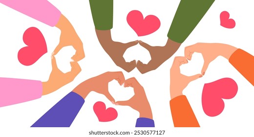 Manos humanas haciendo signo de AMOR CORAZÓN. Aislado sobre fondo blanco. Concepto de Asistencia y bondad en comunidad. Concepto de trabajo en equipo. Ilustración vectorial de estilo plano.