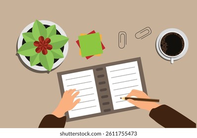 Human Hands Making Notes in Notebook with Pencil Flat Style. Office and from home work concept, planning and creating