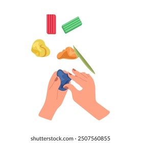 Human hands making shapes at plasticine modeling craft lesson isolated on white background