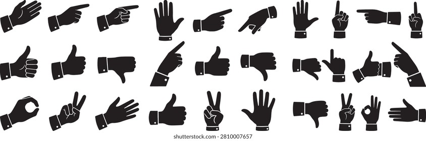 Human Hands Making Various Gestures Pointing, Thumbs UpDown, OK, and Peace Sign. A Clean Black Silhouette Vector Illustration Set for Communication and UI Design.