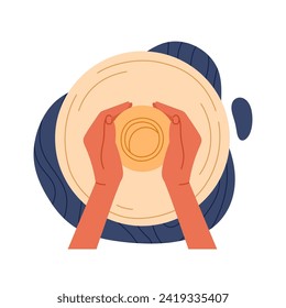 Human hands making vase or pot from clay on a potter's wheel. Pottery workshop. Handmade and hobby concept. Vector illustration in cartoon style. Isolated on white background
