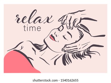 Human hands massaging beautiful lady model laying. Hand drawn sketch vector illustration. Face massage. For massage salon banner, wellness spa poster, logo etc. 