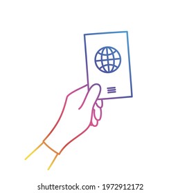 Human hands in medical gloves hold a passport. Hand drawn vector illustration. Color line.