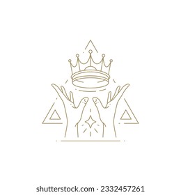 Menschliche Hände mit mittelalterlichen monarchischen Kronen hellen Schmuck Juwel geometrische Rahmen monochrome Linie Symbol Vektorgrafik. Prächtiges antikes Tiara-Symbol für die autoritäre goldene dekorative Designmarke