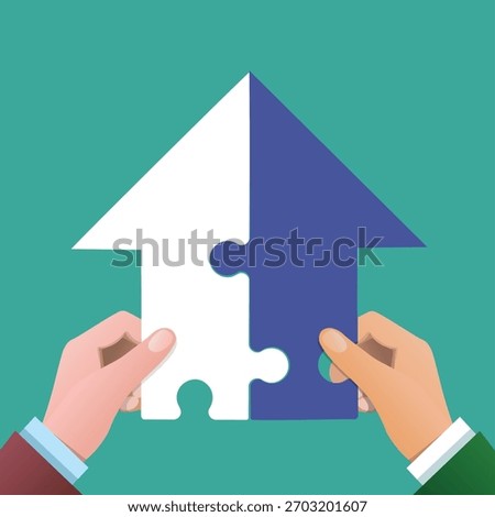 Human hands merge arrow puzzle. Business alliance teamwork concept vector illustration