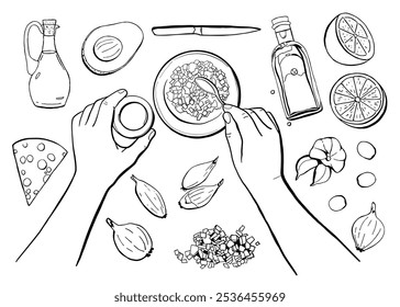 Human Hands Mixing Ingredients for Salad Dressing and Food Ingredients. Vector Food Outline Illustration