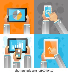 Human hands with mobile devices design concept set isolated vector illustration