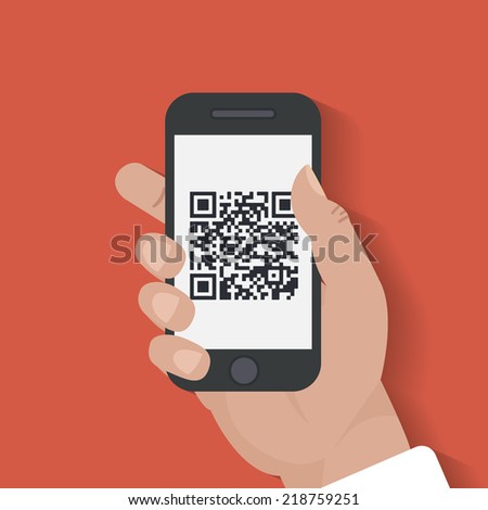 In human hands Mobile phone scanning qr-code icon. Near field communication technology concept. Isolated on red background. Flat design style vector illustration.