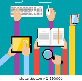 Human hands with mobile phone tablet book keyboard information search concept vector illustration
