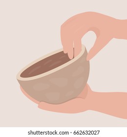 Human hands mold a clay cup of dark clay, pottery on a light background. Vector illustration