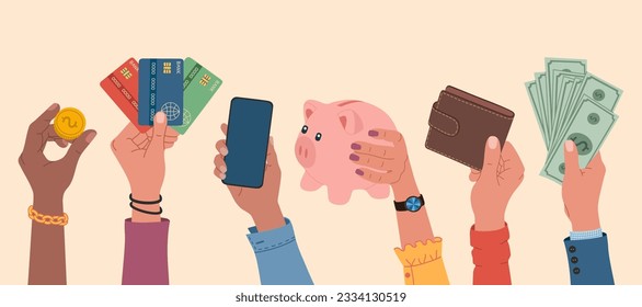 Menschliche Hände mit Geld, Kreditkarten, Sparschwein, Brieftasche, Münze und Handy. Sparen, Online-Banking. Handgezeichnete Vektorgrafik einzeln auf hellem Hintergrund. Moderner, flacher Cartoon-Stil.