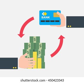 human hands with money stack and coins credit card in flat style 