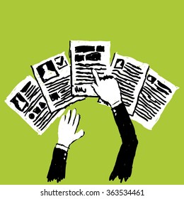 Human hands moving and choosing documents over green