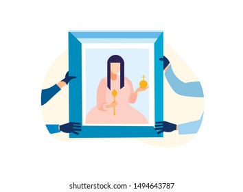 Human Hands of Museum Workers Wearing Dark Gloves Hang Picture with Royal Person Image on Wall Isolated on White Background, Masterpiece Art Exposition on Exhibition, Cartoon Flat Vector Illustration