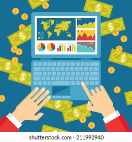 Human hands with notebook, infographics and dollars money - business trend illustration in flat design style for presentation, booklet, web site etc. Internet computer creative layout. 